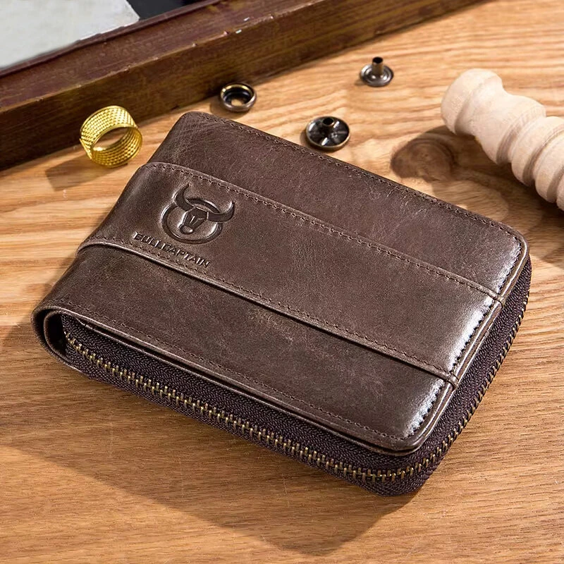 BULLCAPTAIN Genuine Leather Zipper Men Wallets Multi Card Slot ID Card Mini Holder Bags Bussiness Casual Coin Purse