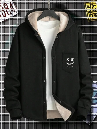 Mens Smile Face Embroidered Snap Button Plush Lined Hooded Jacket