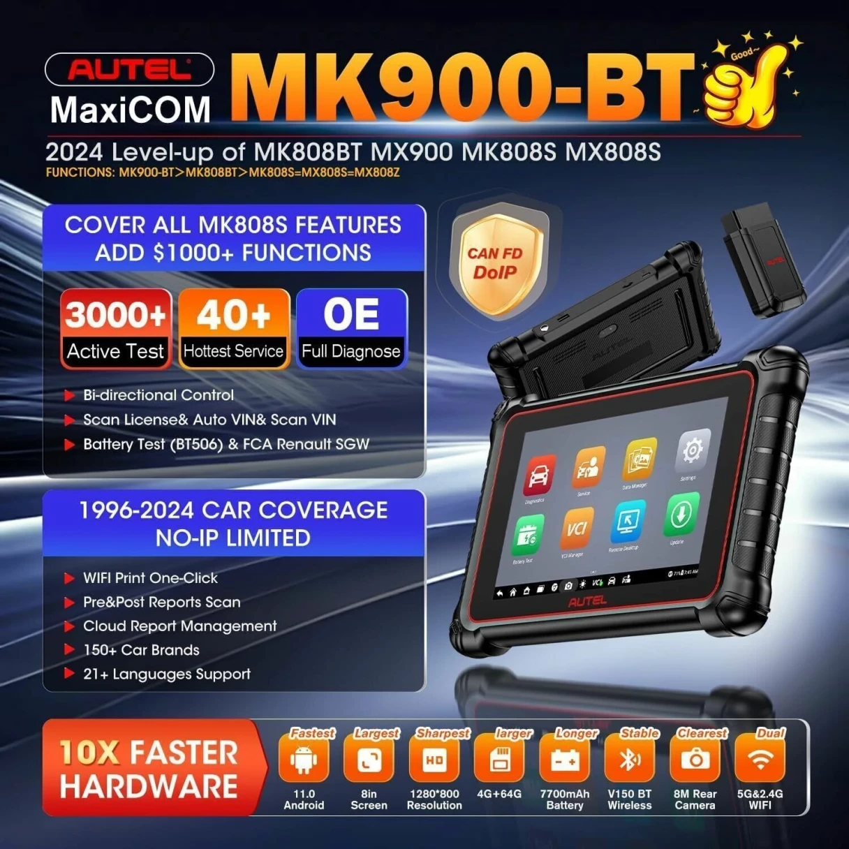 Autel MaxiCOM MK900BT 11 OS 8-inch LCD Auto Diagnostic Scanner Tool 40+ Reset Bi-directional Control Active Test