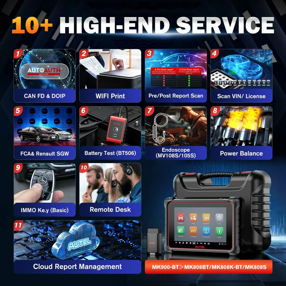 Autel MaxiCOM MK900BT 11 OS 8-inch LCD Auto Diagnostic Scanner Tool 40+ Reset Bi-directional Control Active Test