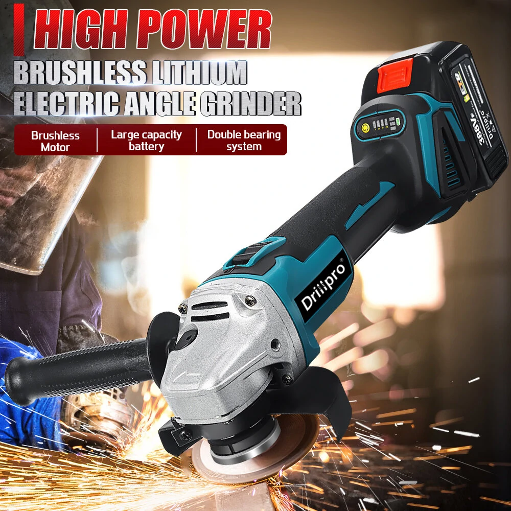 Drillpro 125mm 18V Brushless Blue+Black Angle Grinder Rechargeable Adjustable Speed Angle Grinder With Battery