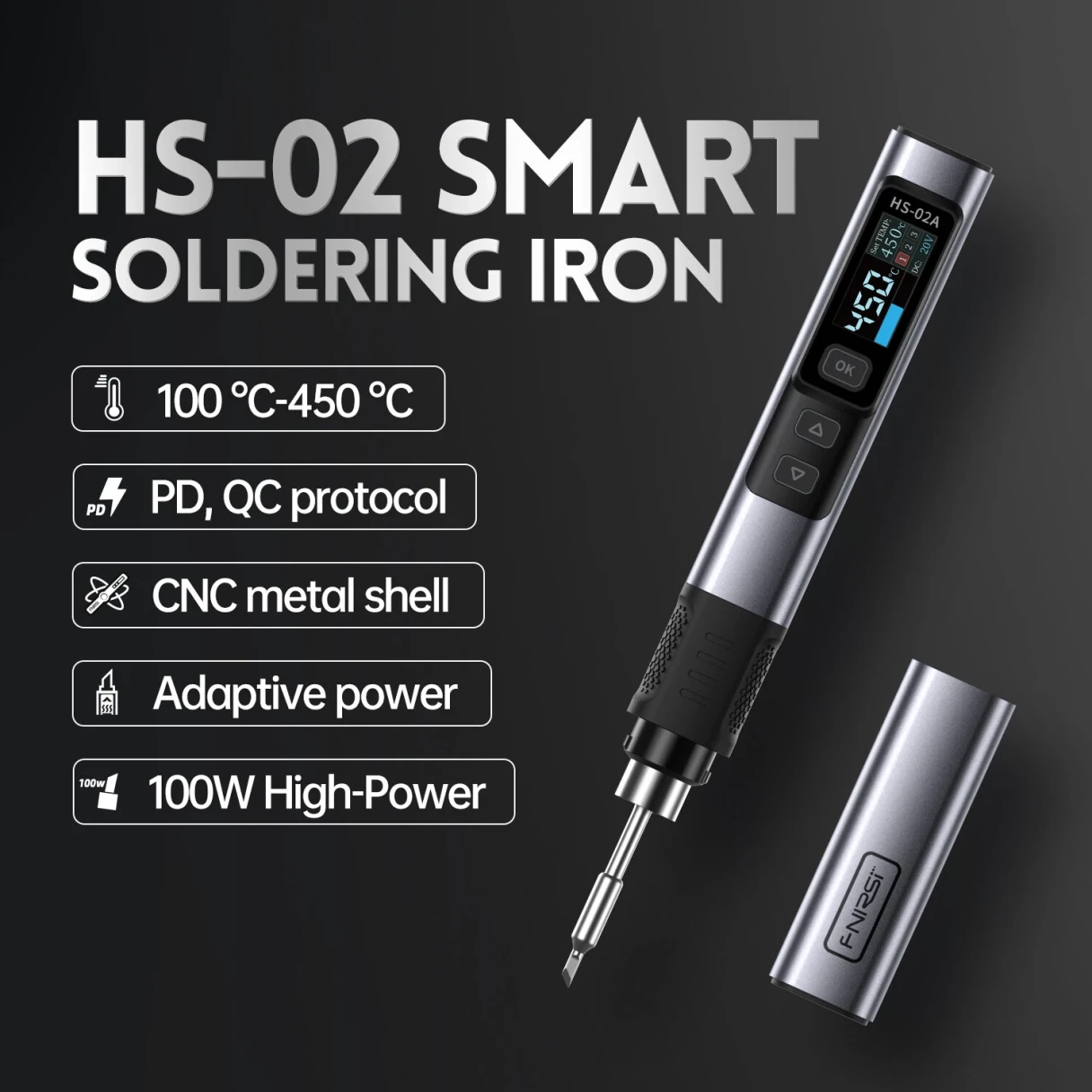 FNIRSI HS-02 Smart Soldering Iron High-Power 100W with Quick Charging PD/QC Protocol Wide Temperature Range 180-842°F Featuring Adaptive Power Efficiency 0.96 IPS HD Color Screen