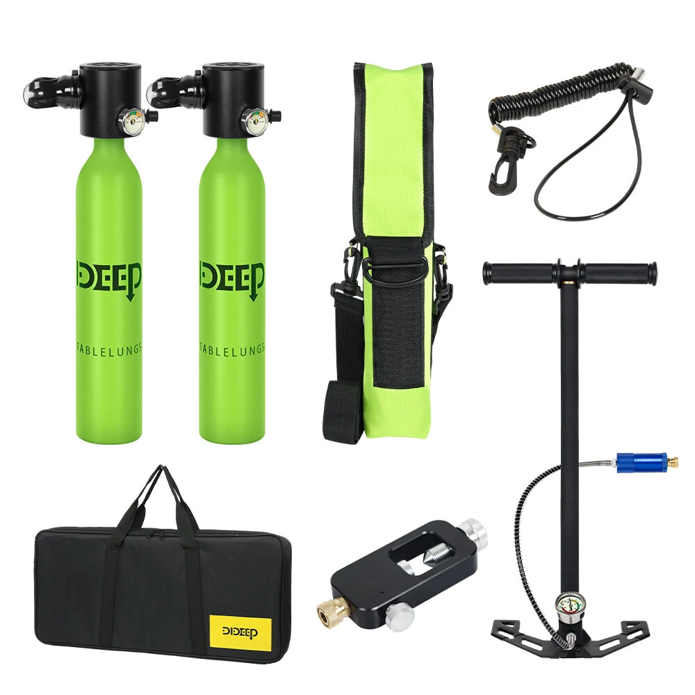 [EU Direct] DIDEEP 0.5L*2 Mini Scuba Diving Oxygen Cylinder Equipment Oxygen Tank Underwater Breather Diving Lung Air Tank Set with Pump,Tank Inflatable Adapter, Storage Bag