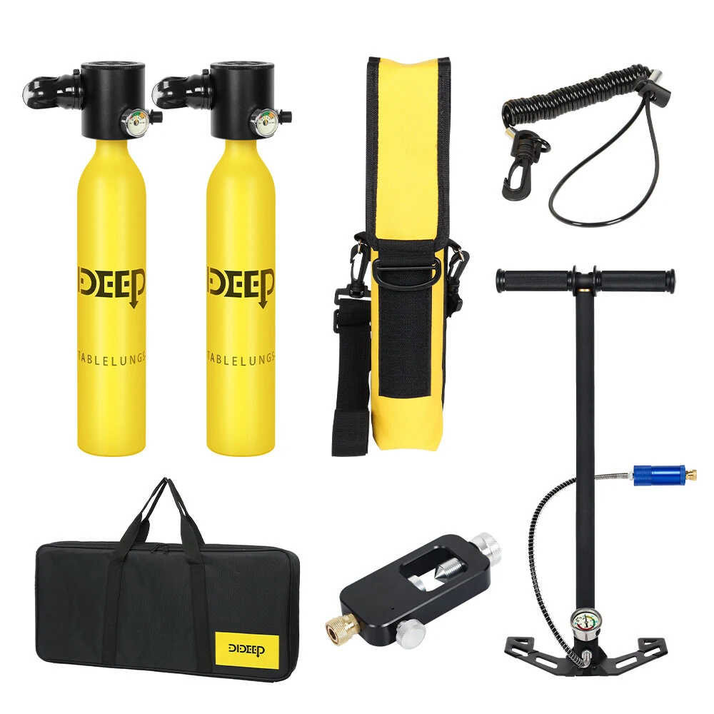 [EU Direct] DIDEEP 0.5L*2 Mini Scuba Diving Oxygen Cylinder Equipment Oxygen Tank Underwater Breather Diving Lung Air Tank Set with Pump,Tank Inflatable Adapter, Storage Bag