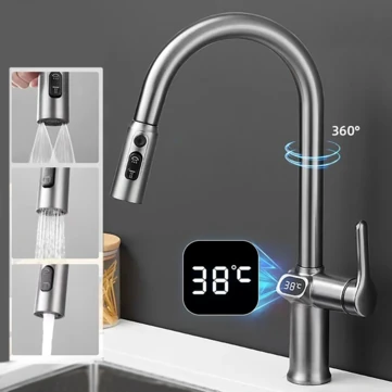 Temperature Digital LCD Display Pull Out Faucet Kitchen Single Handle Kitchen Sink Rotation Mixer Sprayer Hot And Cold Water Taps
