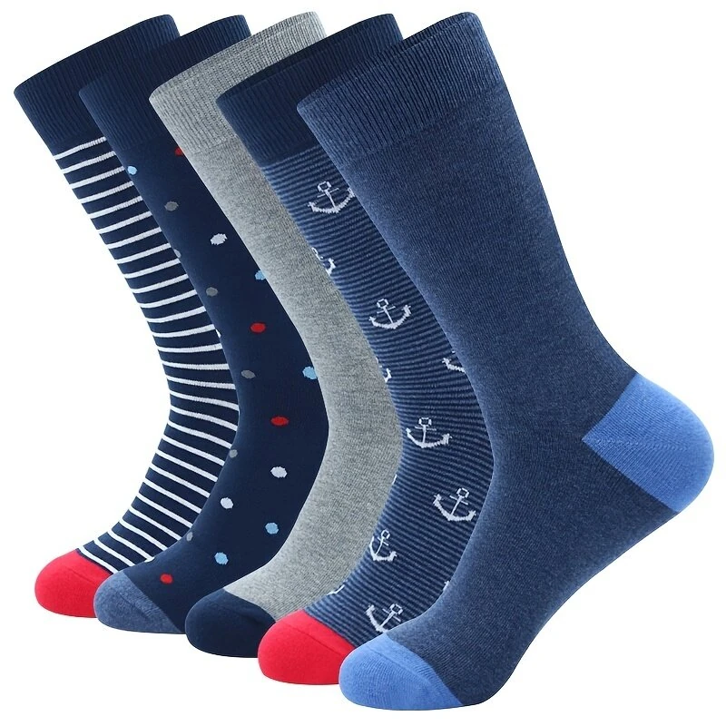 5 Pairs Fashion Colorful Men's Business Dress Socks High Quality Stripe Dots Anchor Large Size Men Cotton Socks Soft Breathable Elastic Long Socks