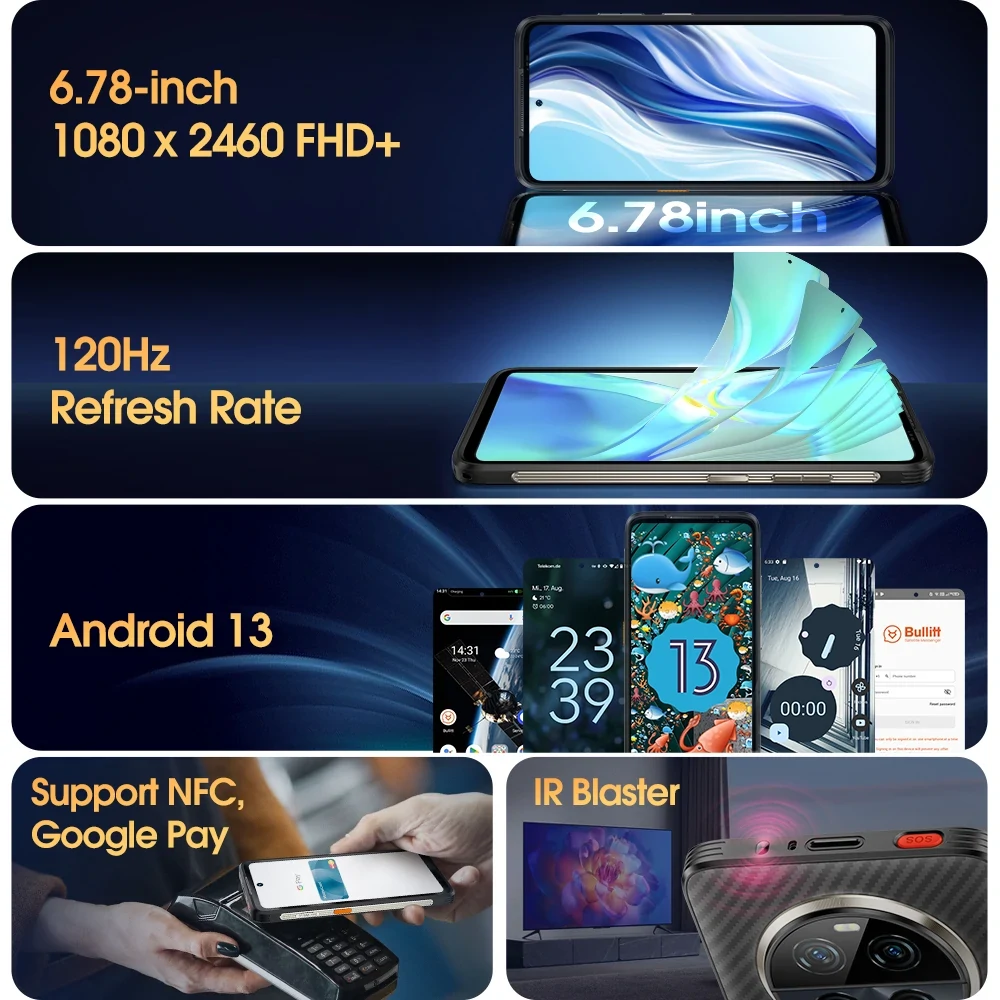 Ulefone Armor 23 Ultra 5G Satellite Message 64MP Night Vision 24GB 512GB 120W Fast Charging 50W Wireless Charging Dimensity 8020 NFC 6.78 inch 120Hz IP68 IP69K Waterproof Rugged Smartphone