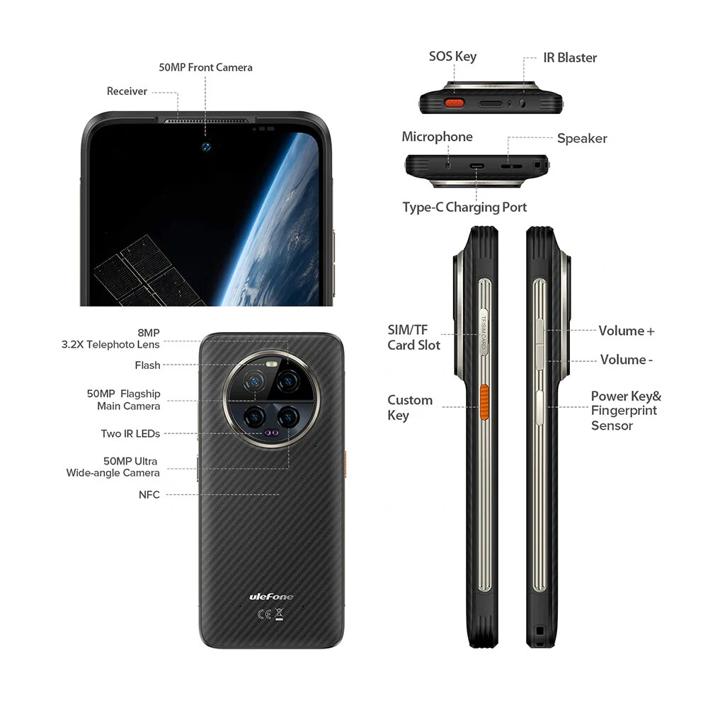 Ulefone Armor 23 Ultra 5G Satellite Message 64MP Night Vision 24GB 512GB 120W Fast Charging 50W Wireless Charging Dimensity 8020 NFC 6.78 inch 120Hz IP68 IP69K Waterproof Rugged Smartphone