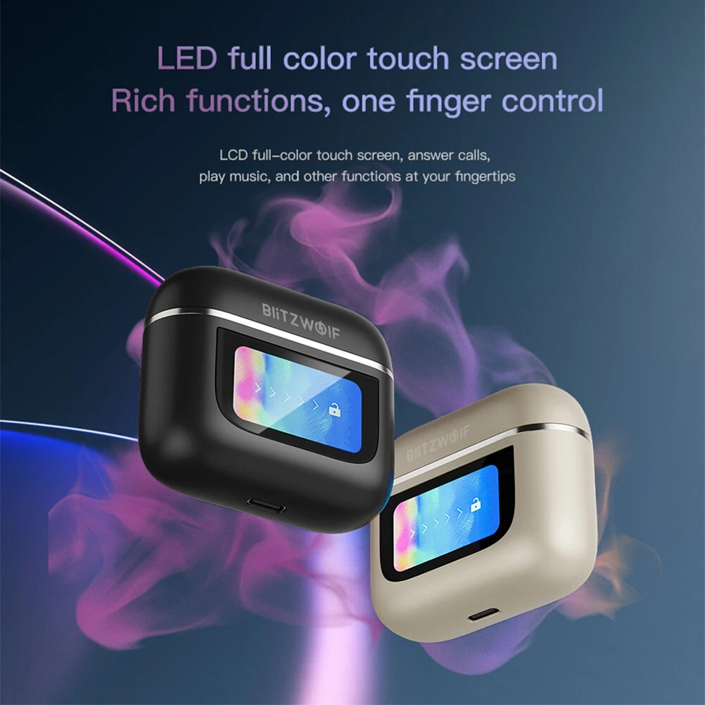 BlitzWolf® BW-FYE16 LED Screen TWS Earbuds bluetooth Earphone Colorful Touch Screen Active Noise Cancelling 32h Battery Life 3D Spatial Audio HD Calls IPX5 Waterproof Portable Headset