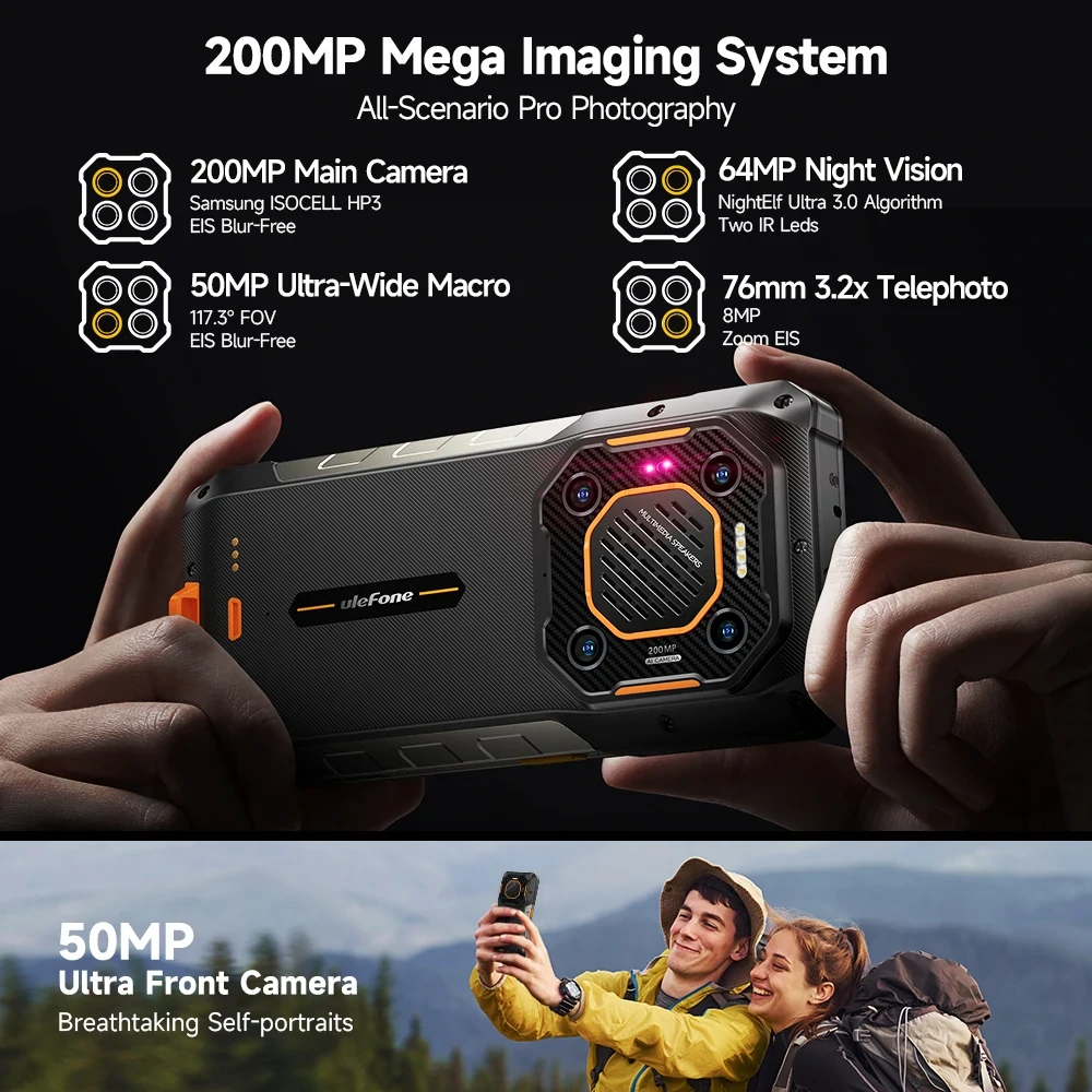 Ulefone Armor 26 Ultra Walkie Talkie 5G 200MP Quad Camera 64MP Night Vision 121dB Thunder Speaker 15600mAh 120W Fast Charge 24GB 512GB Dimensity 8020 NFC 6.78 inch 120Hz IP68 IP69K Waterproof Rugged Smartphone