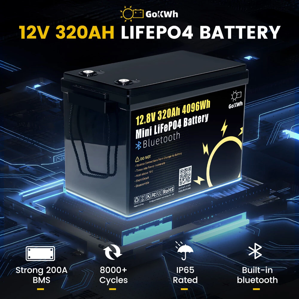 Gokwh 12V 320AH LiFePO4 Lithium Battery 4096Wh 200A BMS 8000+ Deep Cycles Built-in bluetooth Perfect for RV, Marine, Home Energy Storage