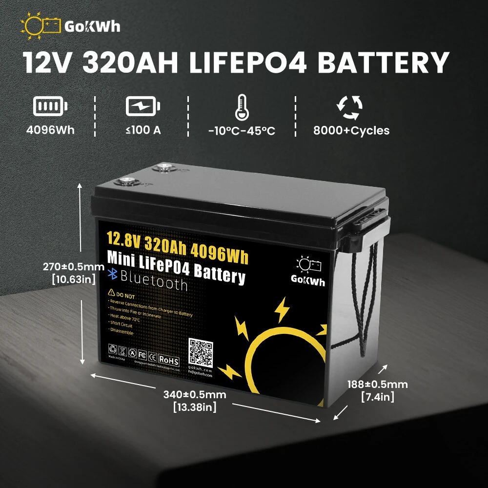 Gokwh 12V 320AH LiFePO4 Lithium Battery 4096Wh 200A BMS 8000+ Deep Cycles Built-in bluetooth Perfect for RV, Marine, Home Energy Storage