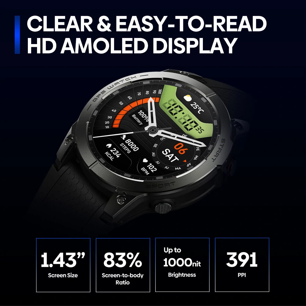 [2024 World Premiere]Zeblaze Stratos 3 Pro 1.43 inch HD AMOLED Display Built-in GPS & Route Import bluetooth Phone Calls Smart Watch