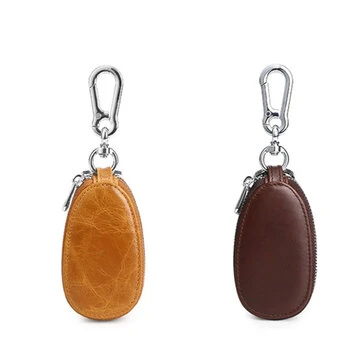 Men Genuine Leather Mini Car Key Case Minimalist Zipper Key Holder Storage Bag for Men Double Layer Key Slot Bag with Key Chain