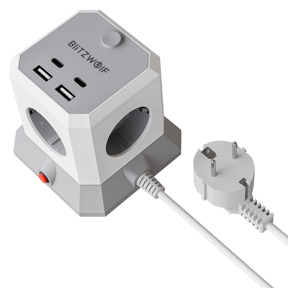 BlitzWolf BW-EC1 7-in-1 Vertical Cube EU Socket Plug Power Outlet Extender with 4 AC Outlets / 2 USB-A / 2 USB-C for MacBook iPad Game Office Home