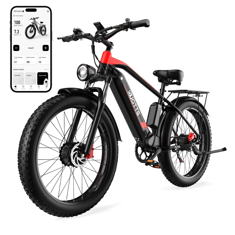 [EU DIRECT] DUOTTS F26 Electric Bike 48V 20AH SamsungBattery 750W*2 Dual Motors 26*4.0inch Fat Tires APP Support 50KM Max Mileage 150KG Max Load Electric Bicycle