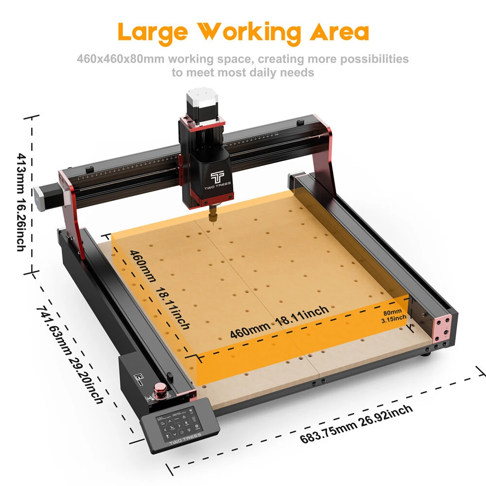 TWO TREES TTC450 Pro CNC Engraving Machine 460x460mm Working Area 4.3 Inch Touch Screen High Precision 8000 RPM Spindle for Wood Acrylic Aluminum