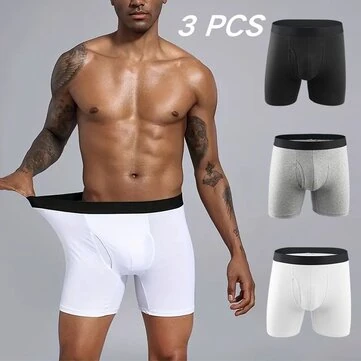 3PCS Men's Cotton Long Leg Boxer Briefs, Men's Simple Solid Color Panties Boxershorts, Comfy Open Front Crotch Underwear Male Sports Underpants Shorts