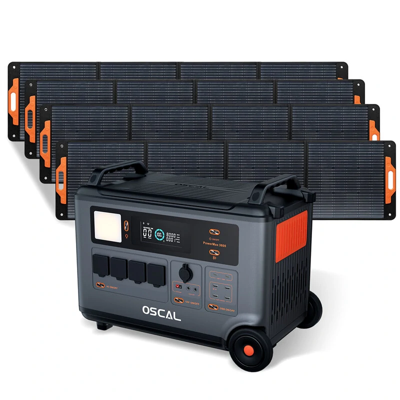 Blackview Oscal Powermax 3600+4*PM200 Power Station Solar Panel Kit 3600Wh to 57600Wh LiFePO4 Battery Pack Power Bank with 14 Outlets 5 LED Light Modes Morse Code Portable Roller Power Backup for Emergency Communication Camping House Trolling