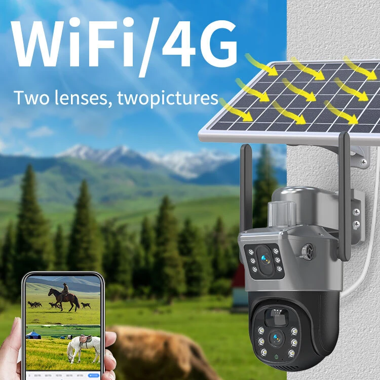 6MP Dual Lens WIFI 4G LTE Solar Powered Camera Dual Screen Outdoor IP Camera Solar Panel Audio PIR Security Surveillance Camera IP66 Waterproof Two-way Audio