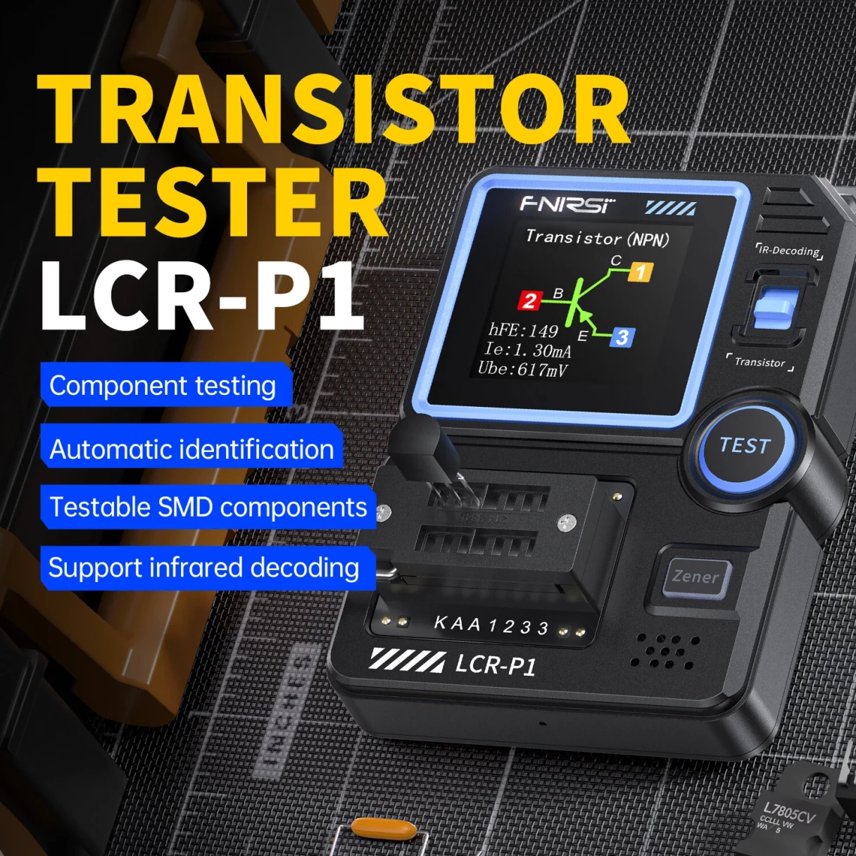 FNIRSI LCR-P1 Transistor Tester Diode Triode Capacitance Meter 1.44 Inch Color Screen USB Type-C Data Export Anti-Burn Protection