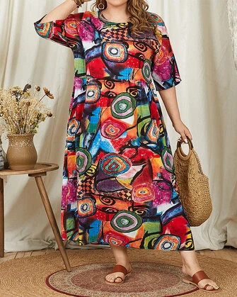 ZANZEA Women Retro Graffiti Print Round Neck Pleated Casual Beach Maxi Dresses