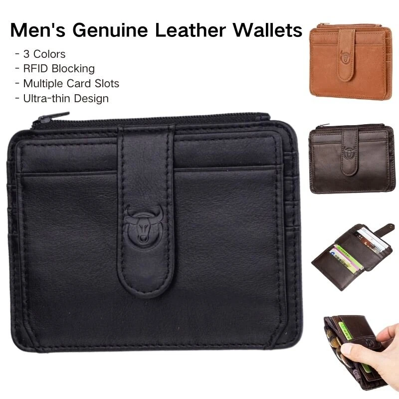 BULLCAPTAIN Men's Genuine Leather RFID Blocking Wallets, Thin Zipper Short Wallet Multiple Card Slots Coin Purse Holder Mini Business Wallet, Gifts To Mens Birthday