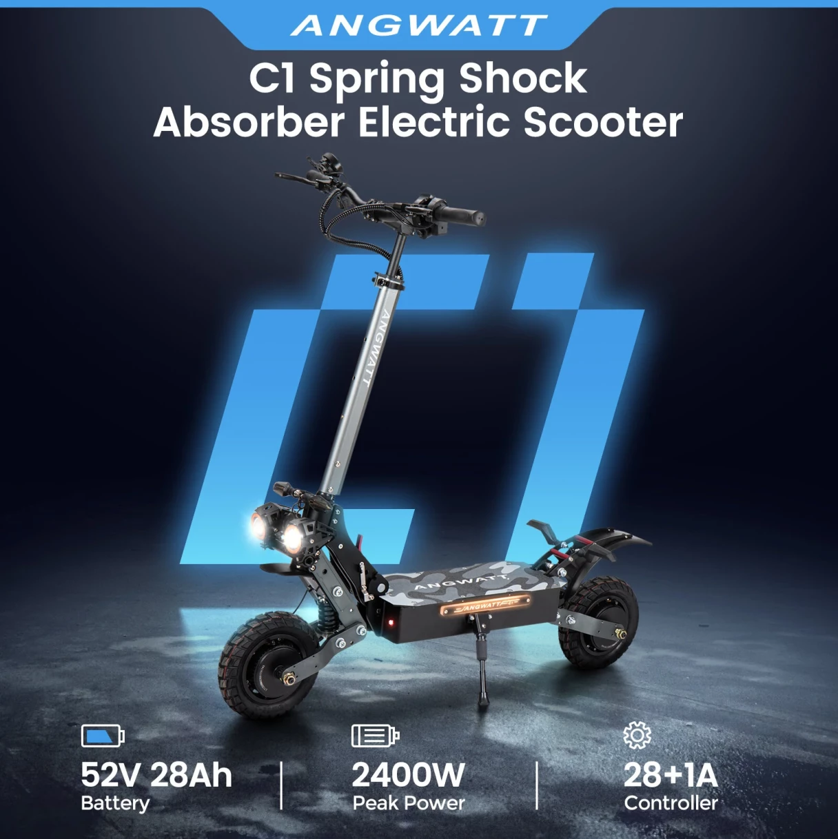 [EU DIRECT] ANGWATT C1 Electric Scooter 52V 28Ah 2400W Dual Motor 10 Inch Off-road Tire Foldable Electric Scooter 60-80km Mileage 150kg Max Load EU Plug G2 Master