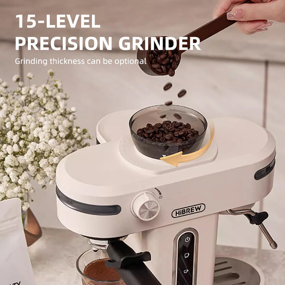 [EU Direct] HiBREW H14 Espresso Coffee Machine, 20 Bar High Pressure, 15-gear Grinder Setting, Pre-brew Function, NTC Temperature Control, Cup Capacity Setting