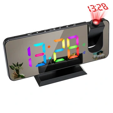 AGSIVO LED RGB Digital Projection Alarm Clock with 180° Rotatable Projector / 11 Colors / Mirror Surface / Snooze / 6-Level Brightness Dimmer / Clear LED Display / USB Charger For Bedroom Liv