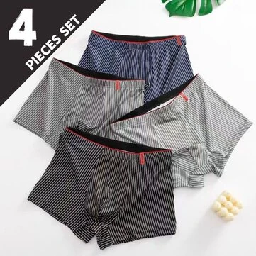 4pcs Men's Underwear Sports Boxers, Casual Striped Boxer Trunks, Breathable Comfy High Stretch Boxer Panties