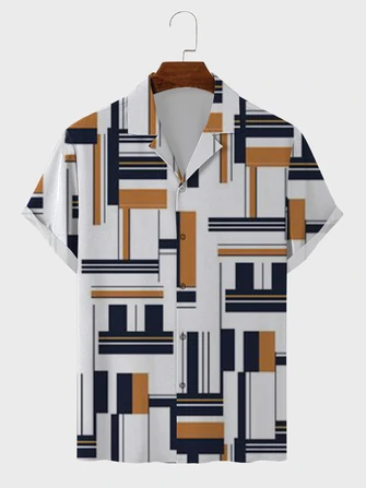 Mens Geometric Print Revere Collar Casual Short Sleeve Shirts