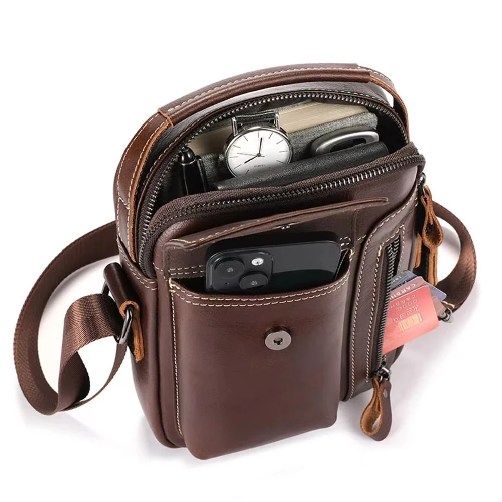 BULLCAPTAIN Genuine Leather Business Messenger Bag Retro Mini Vintage Shoulder Bag Crossbody Bag for Men Multi-functional Leather Mobile Phone Bags