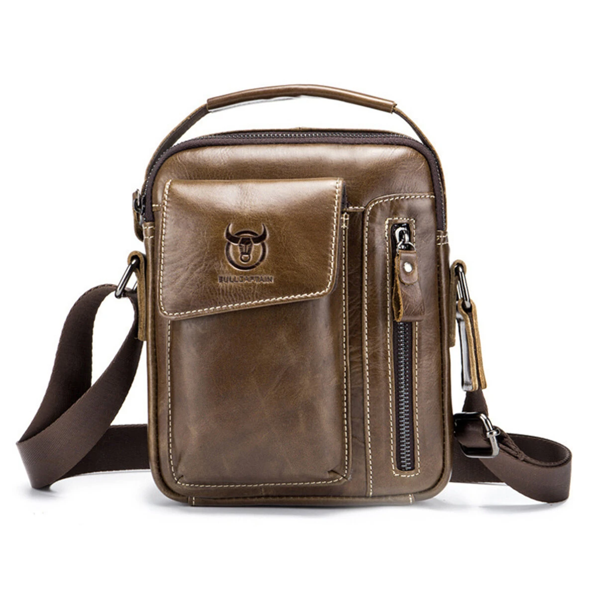 BULLCAPTAIN Genuine Leather Business Messenger Bag Retro Mini Vintage Shoulder Bag Crossbody Bag for Men Multi-functional Leather Mobile Phone Bags