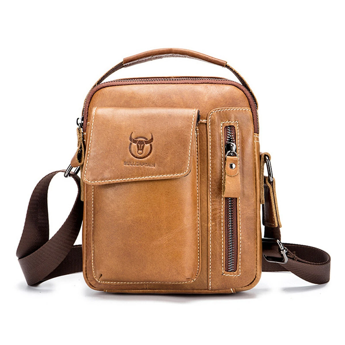 BULLCAPTAIN Genuine Leather Business Messenger Bag Retro Mini Vintage Shoulder Bag Crossbody Bag for Men Multi-functional Leather Mobile Phone Bags