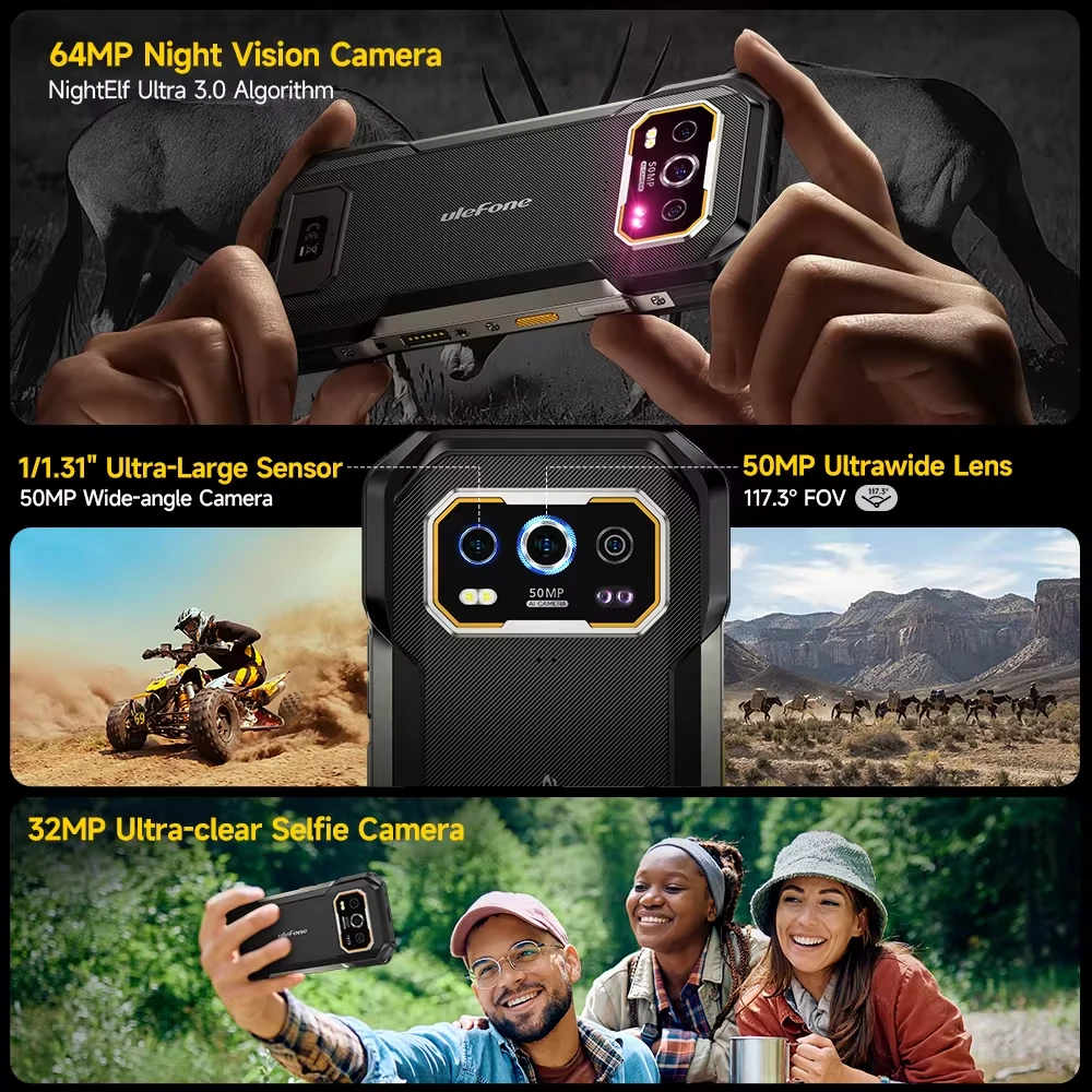 Ulefone Armor 27 Pro 5G 24GB 256GB 50MP Triple Camera 64MP Night Vision Dimensity 6300 6.78 inch 120Hz 10600mAh 33W Fast Charge 30W Wireless Charge Android 14 NFC IP68 IP69K Waterproof Rugged Smartphone