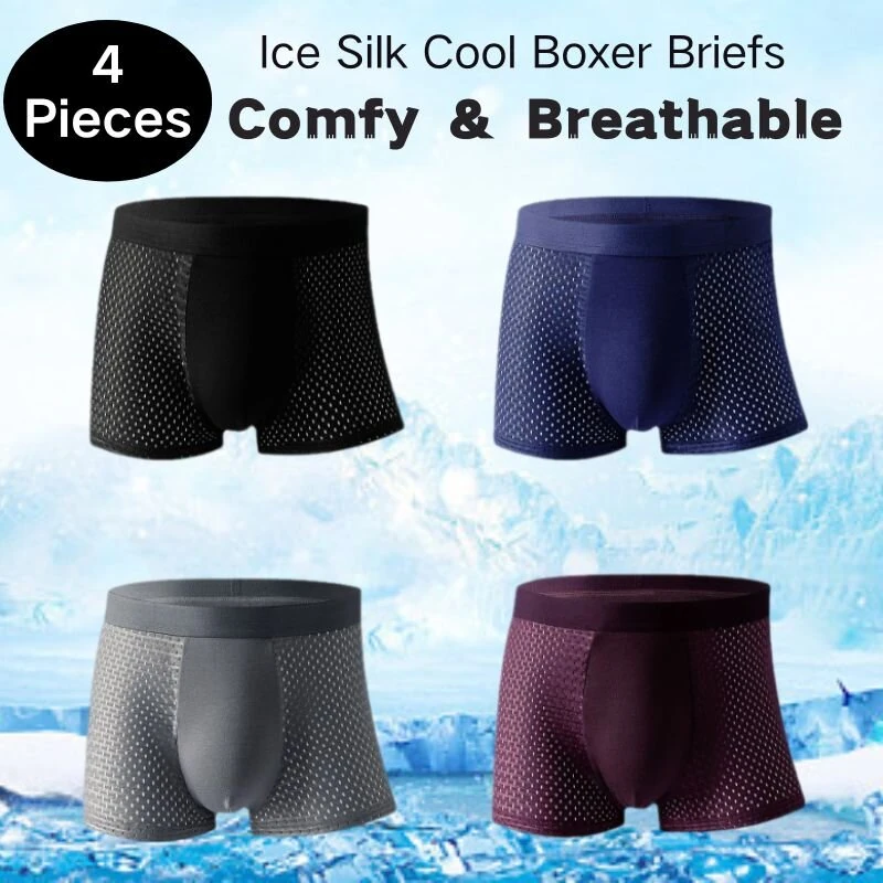 4pcs Men's Ice Silk Mesh Boxer Briefs, Summer Thin Style Breathable Comfy Boxer Trunks, Elastic Sports Shorts, Men's Casual Underwear Daily Bottom Wear