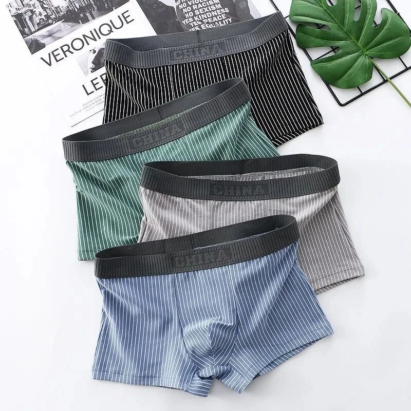 4 Pcs Men's Underwear Fashion Striped Boxer Briefs Trend Pure Cotton Boxing Shorts Comfy Breathable Men Underwear Set Plus Size L-5XL