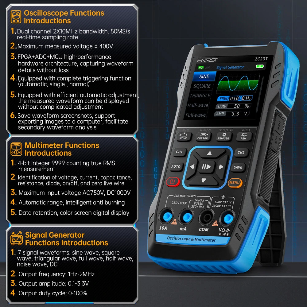 FNIRSI 2C23T 3IN1 Dual Channel 10MHZ*2 50MS/s Handheld Digital Oscilloscope Multimeter + Function Signal Generator