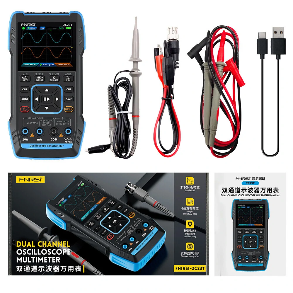 FNIRSI 2C23T 3IN1 Dual Channel 10MHZ*2 50MS/s Handheld Digital Oscilloscope Multimeter + Function Signal Generator