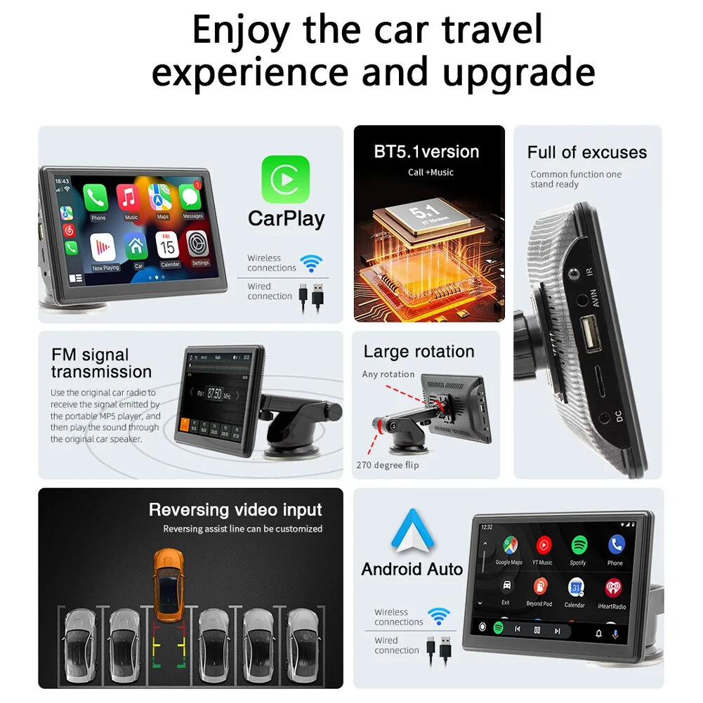 Wireless Carplay AHD 7" Portable Car MP5 Player bluetooth Multimedia Card Slot Reverse Image Android Auto Portable Car Stereo Touch Screen Dashboard