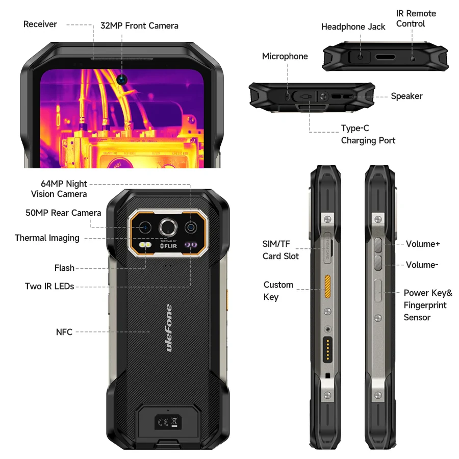 Ulefone Armor 27T Pro 5G Thermal Imaging 24GB 256GB 50MP Dual Camera 64MP Night Vision Dimensity 6300 6.78 inch 120Hz 10600mAh 33W Fast Charge 30W Wireless Charge Android 14 NFC IP68 IP69K Waterproof Rugged Smartphone