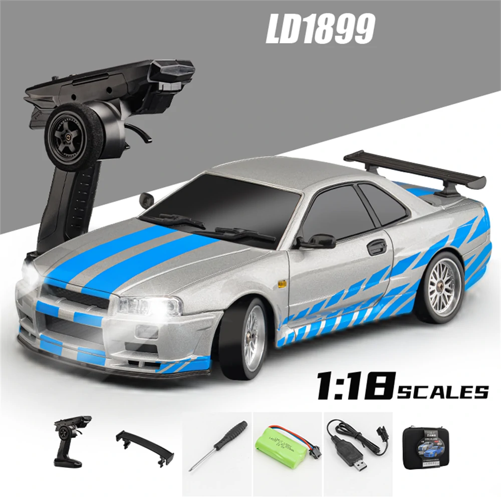 LDRC 1899/A99 RTR 1/18 2.4G RWD RC Car Drift GTR R34 Optional Gyro LED Light On-Road Full Proportional Alloy Body Shell Racing Vehicles Models Toys