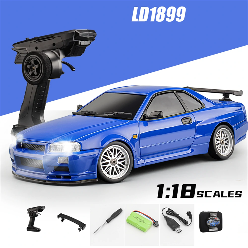 LDRC 1899/A99 RTR 1/18 2.4G RWD RC Car Drift GTR R34 Optional Gyro LED Light On-Road Full Proportional Alloy Body Shell Racing Vehicles Models Toys