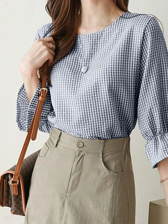 Plaid Ruffle Sleeve Round Neck Casual Blouse