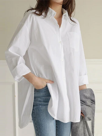 Women Daily Casual Cotton Irregular Hem Commute Loose Shirts