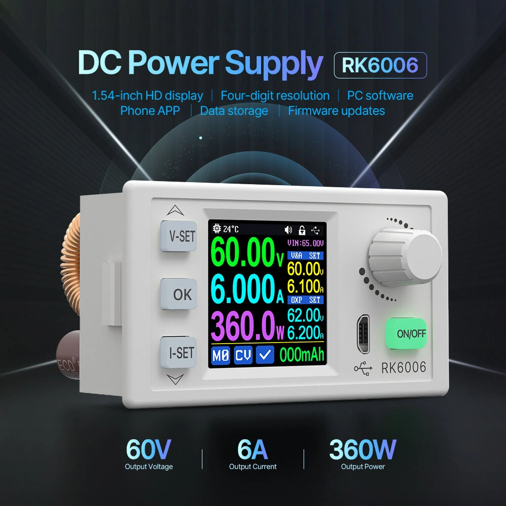 RIDEN® RK6006/RK6006-BT 60V 6A 4 Digit Communication 360W Adjustable Digital DC to DC Step Down Voltage Bench Power Supply Buck Converter