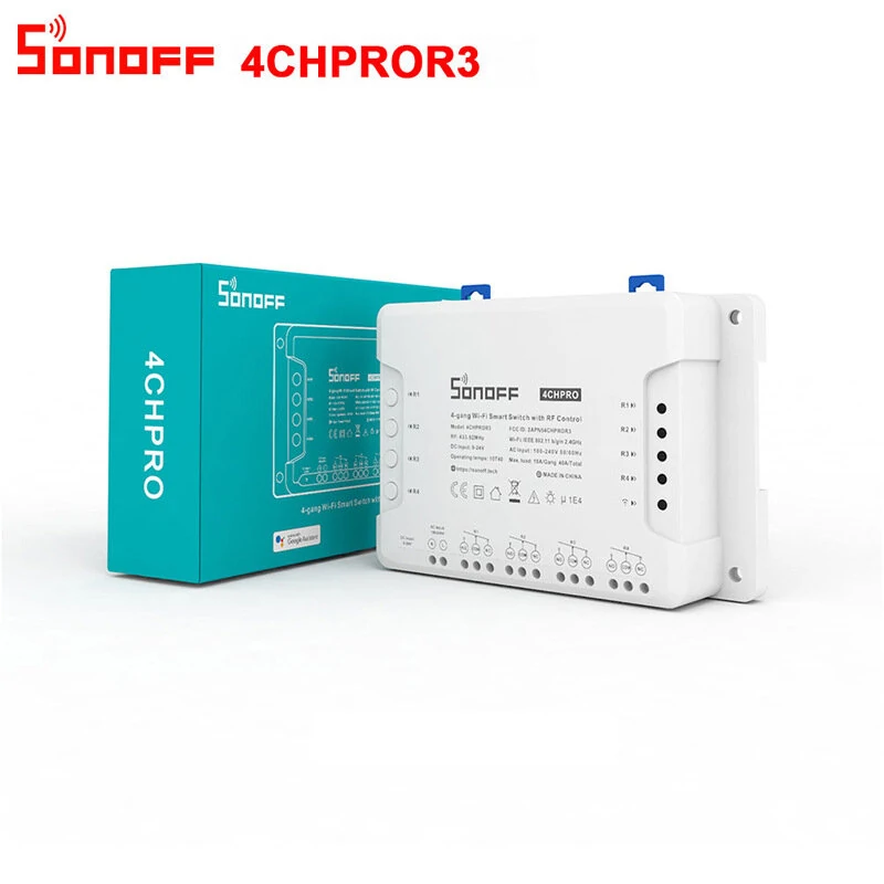 SONOFF 4CH PRO R3 AC100-240V 50/60Hz 10A 2200W 4 Gang WiFi DIY Smart Switch Inching Self-Locking Interlock 3 Working Mode APP Remote Control Switch Works with Alexa and Google Home