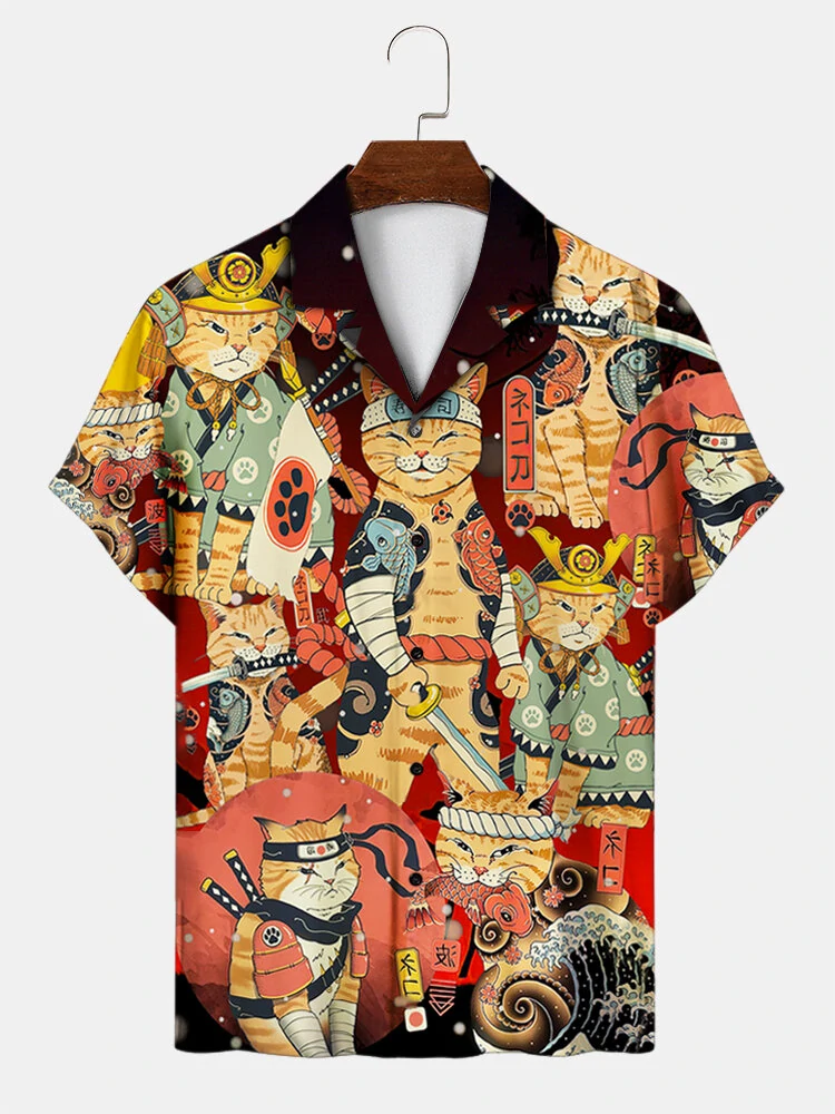 ChArmkpR Mens Allover Japanese Cat Print Revere Collar Short Sleeve Shirts