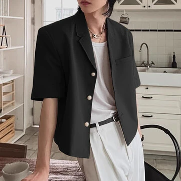 INCERUN Mens Blazer Stylish and Lightweight Korean-style Suit for Fashion-Forward Males Solid Color Short Sleeve Suit Coat